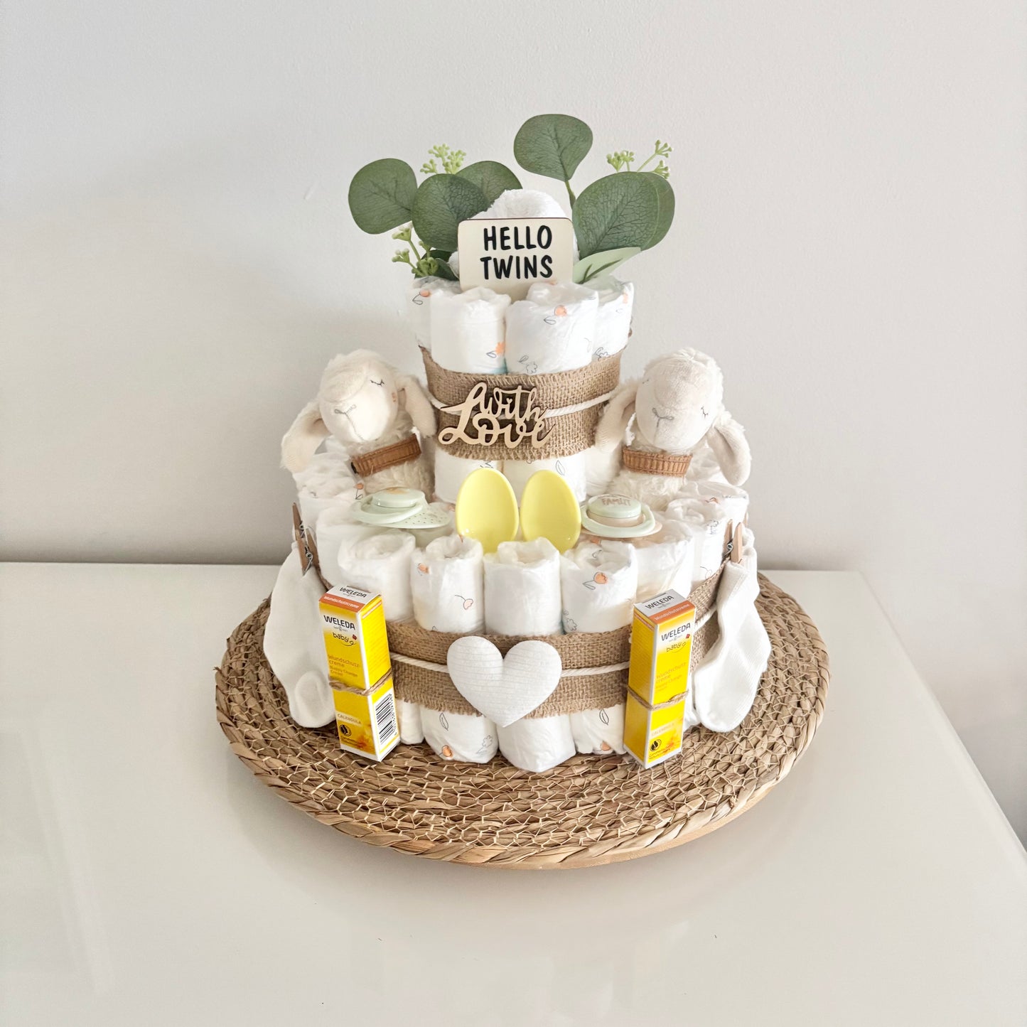 Windeltorte für Zwillinge, für Junge und Mädchen, 42 Windeln, personalisierbar