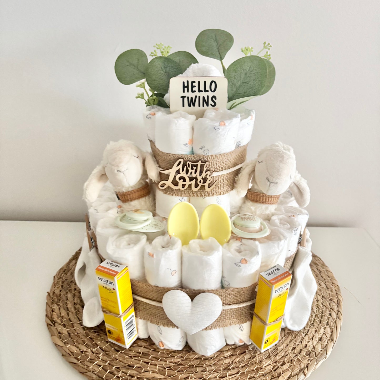 Windeltorte für Zwillinge, für Junge und Mädchen, 42 Windeln, personalisierbar