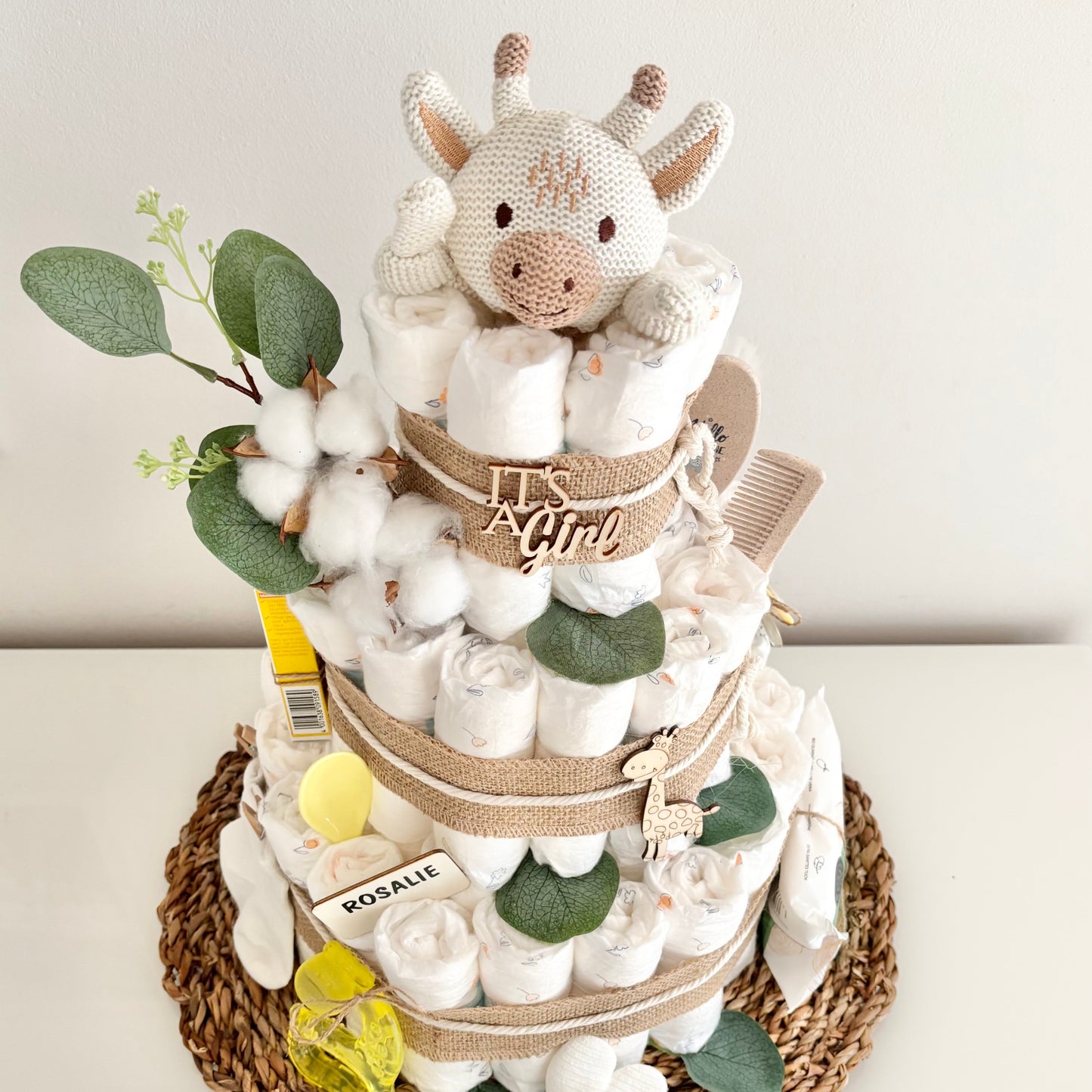 XXL Windeltorte Giraffe, für Jungen und Mädchen, 62 Windeln, personalisierbar