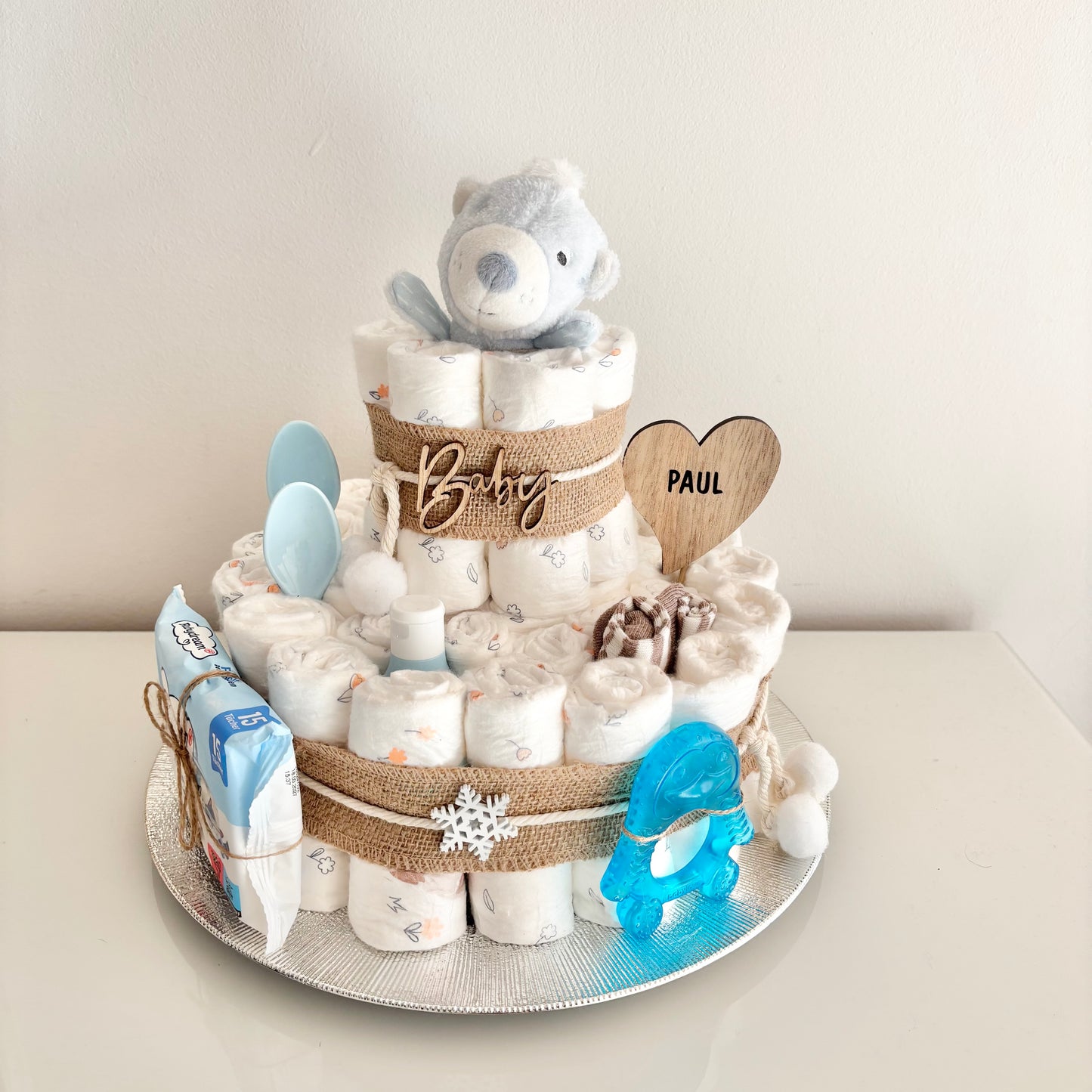 Windeltorte groß, 42 Windeln, Greifring Eisbär