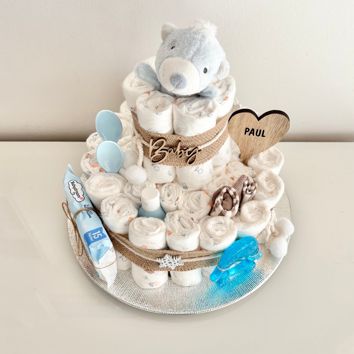 Windeltorte groß, 42 Windeln, Greifring Eisbär