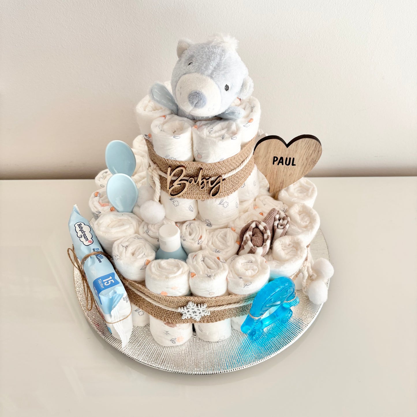 Windeltorte groß, 42 Windeln, Greifring Eisbär