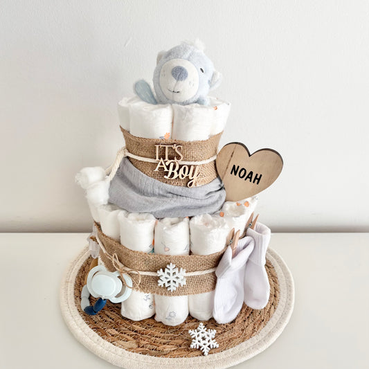 Windeltorte Eisbär, für Winterbaby Junge oder Mädchen, 25 Windeln, personalisierbar