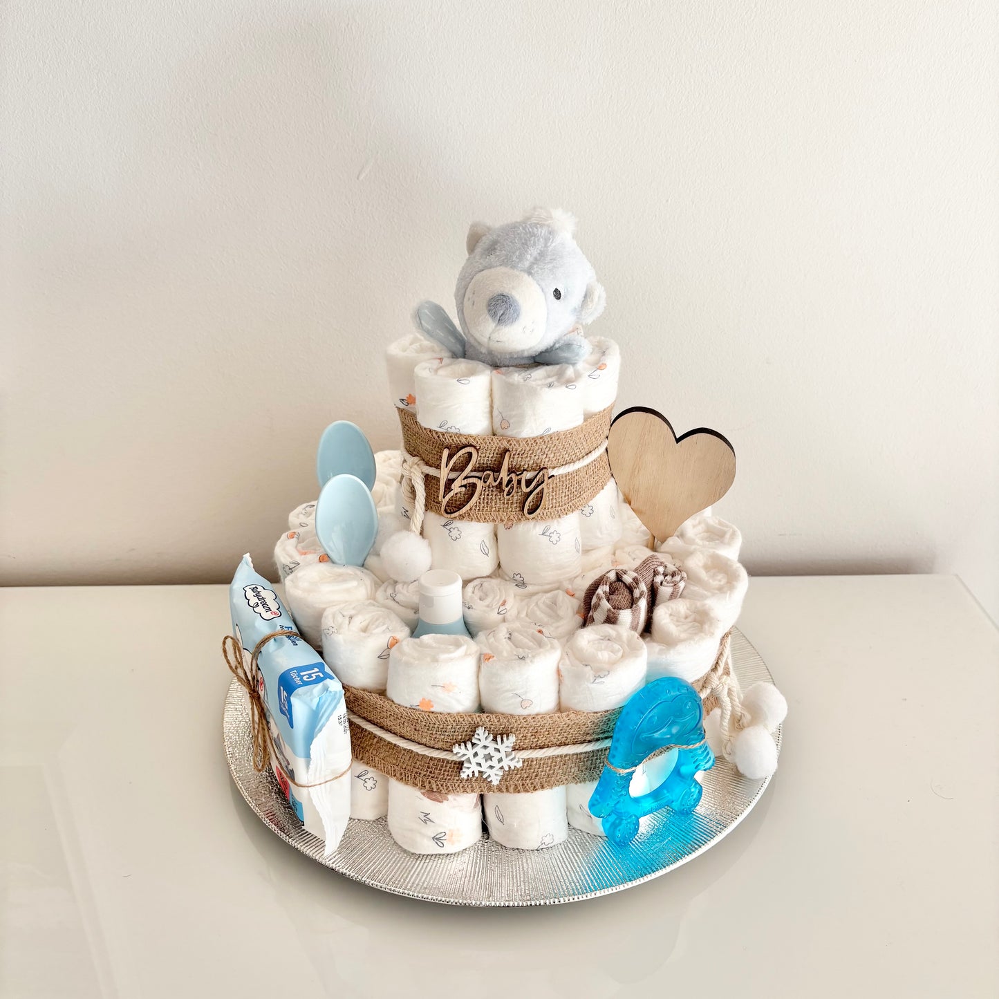 Windeltorte groß, 42 Windeln, Greifring Eisbär