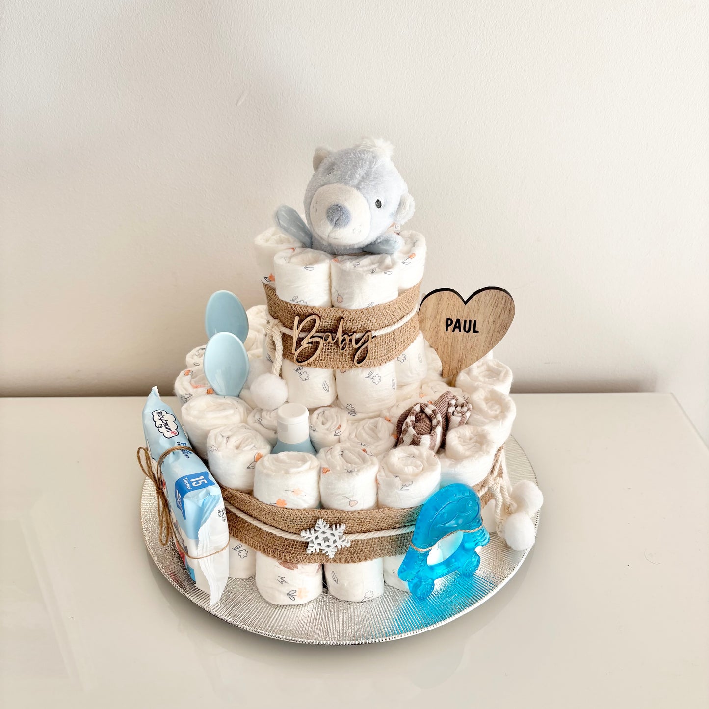Windeltorte groß, 42 Windeln, Greifring Eisbär