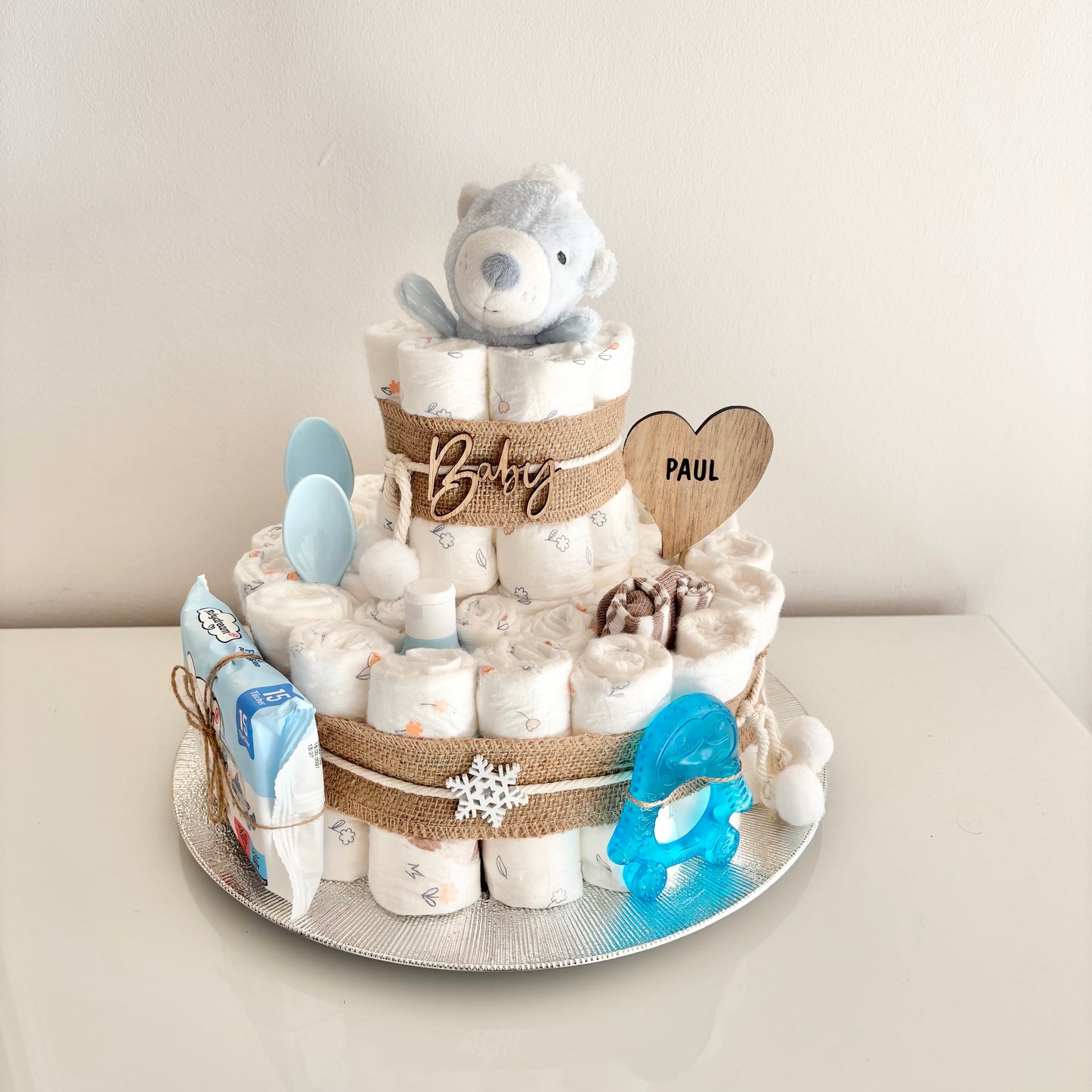 Windeltorte groß, 42 Windeln, Greifring Eisbär