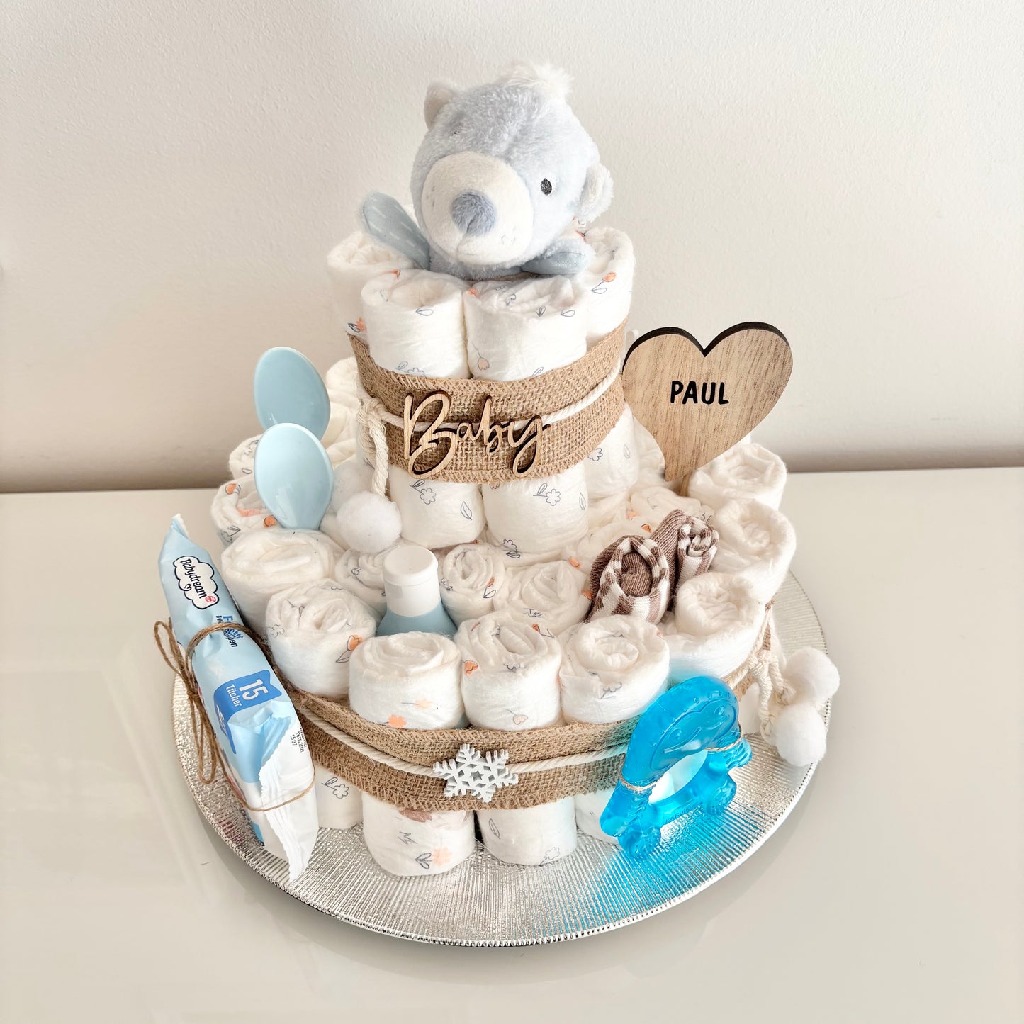 Windeltorte groß, 42 Windeln, Greifring Eisbär