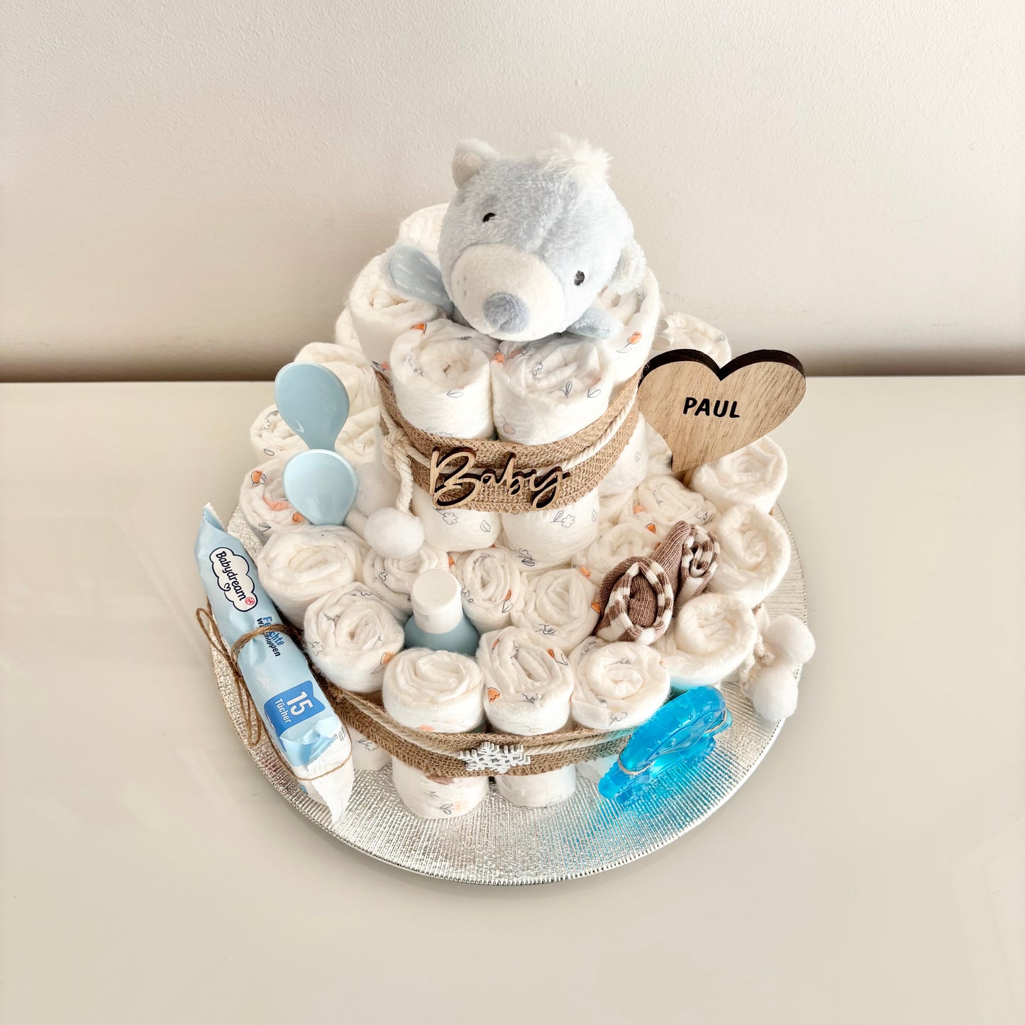 Windeltorte groß, 42 Windeln, Greifring Eisbär