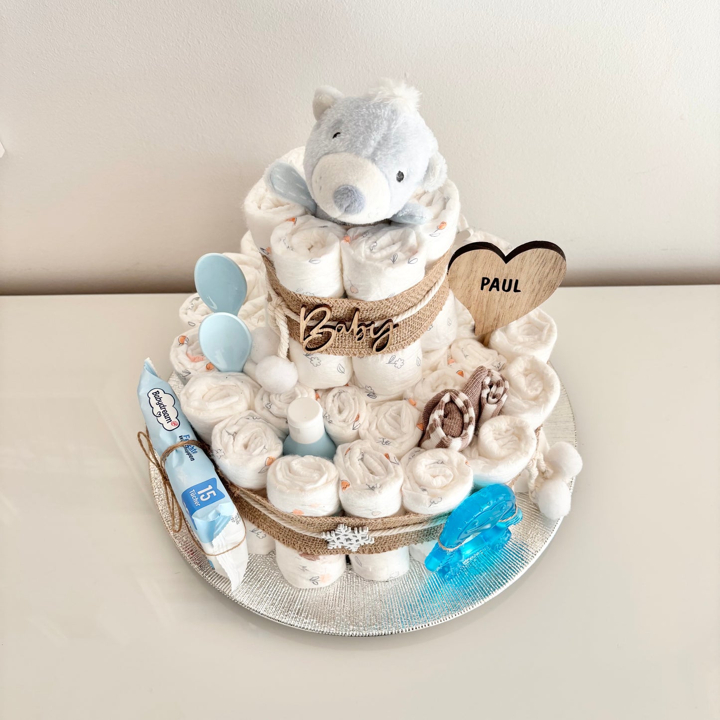 Windeltorte groß, 42 Windeln, Greifring Eisbär