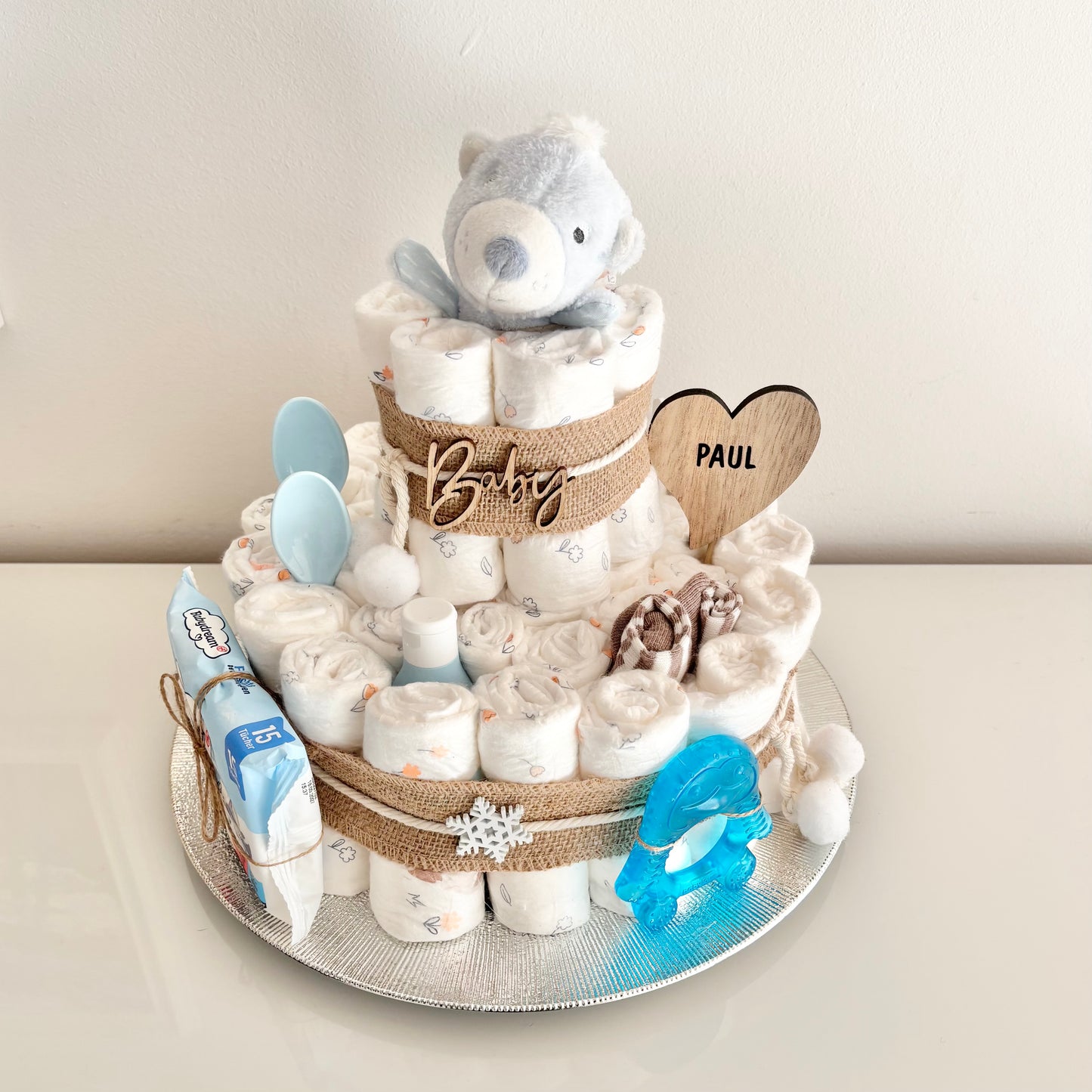 Windeltorte groß, 42 Windeln, Greifring Eisbär
