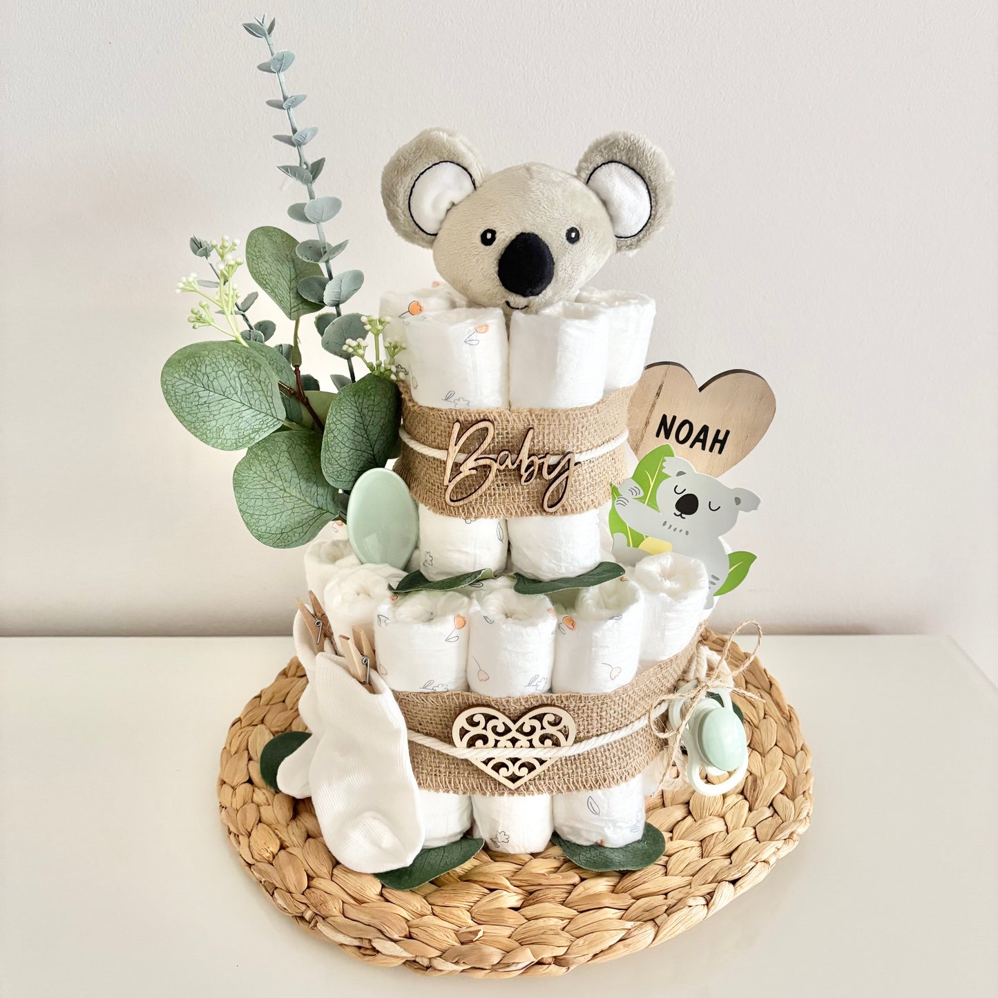 Windeltorte kleiner Koala, für Jungen und Mädchen, 25 Windeln, personalisierbar