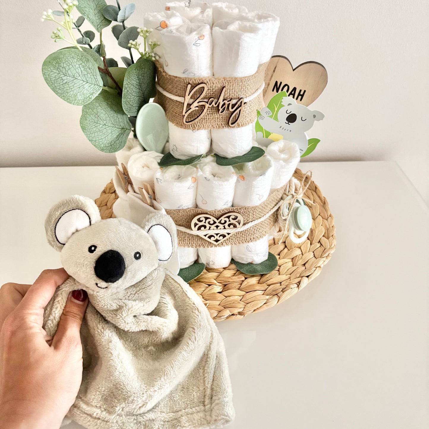 Windeltorte kleiner Koala, für Jungen und Mädchen, 25 Windeln, personalisierbar