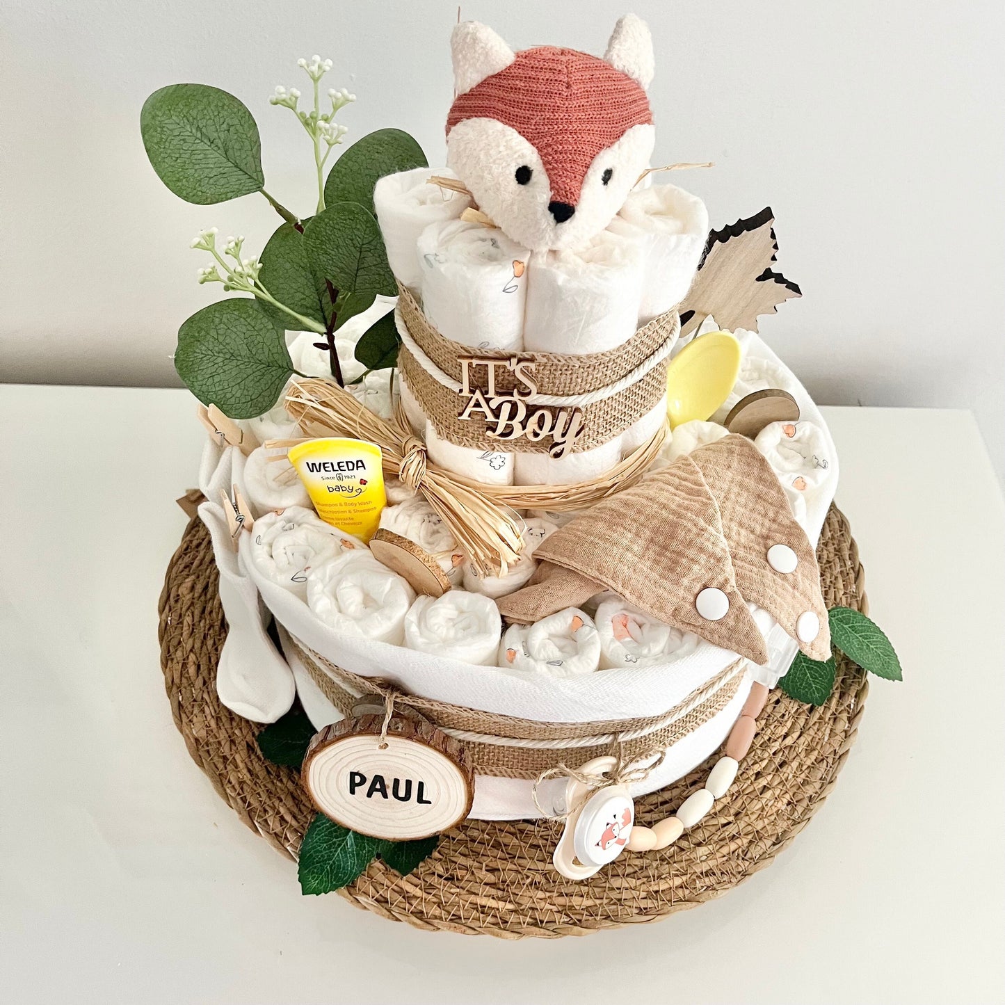 Windeltorte Fuchs, für Junge und Mädchen, 42 Windeln, viel Zubehör, personalisierbar