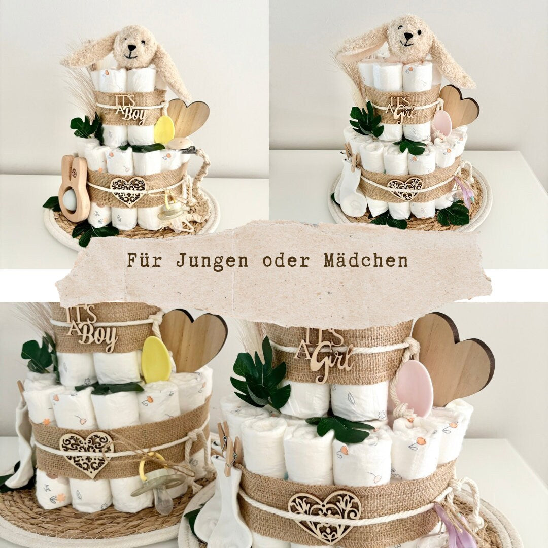 Windeltorte Hase, für Jungen und Mädchen, 25 Windeln, personalisierbar