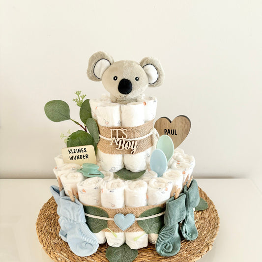 Windeltorte Koala, für Junge und Mädchen, 42 Windeln, personalisierbar