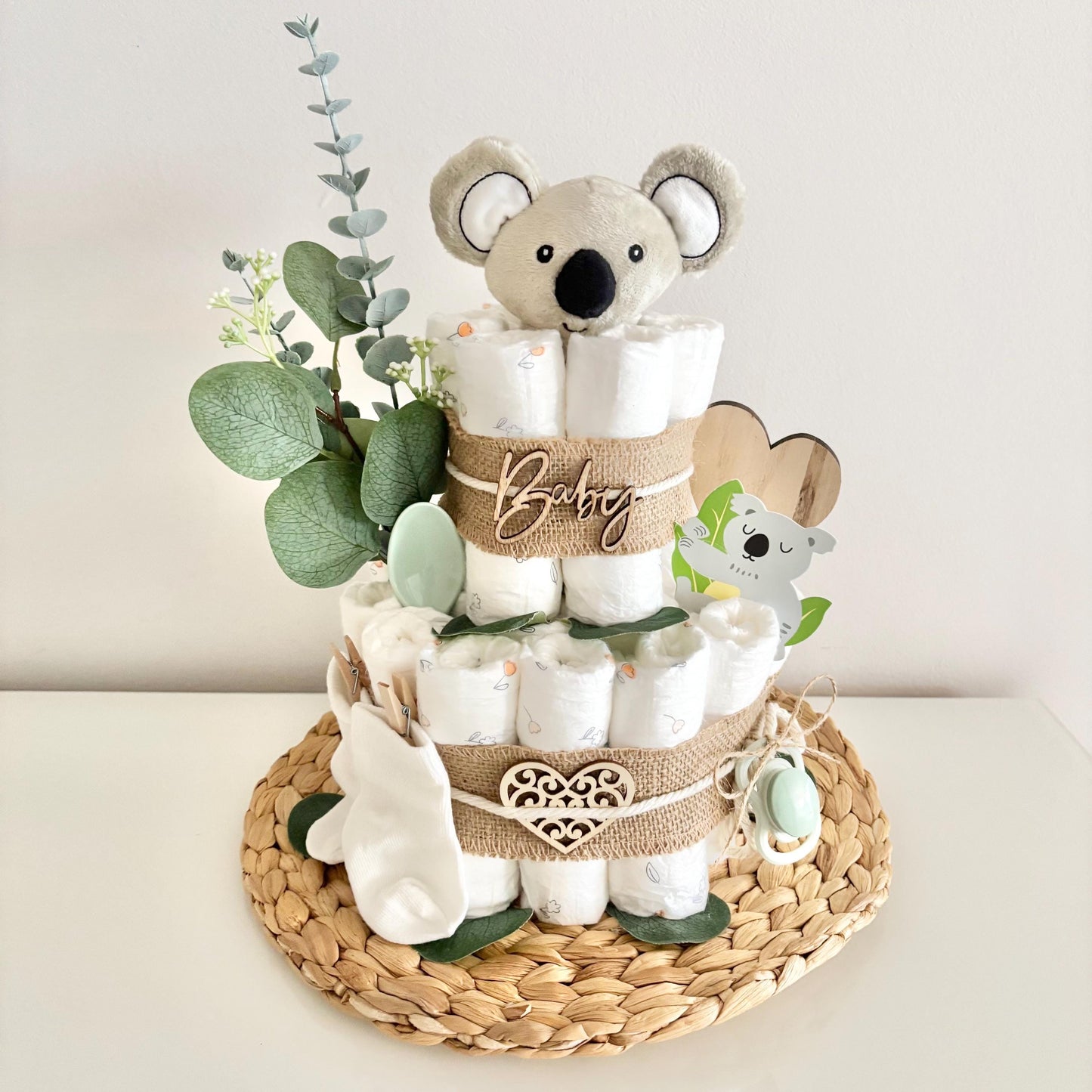 Windeltorte kleiner Koala, für Jungen und Mädchen, 25 Windeln, personalisierbar