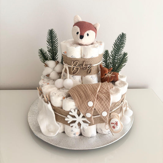 Windeltorte Winterfuchs, für Junge und Mädchen, 42 Windeln, personalisierbar